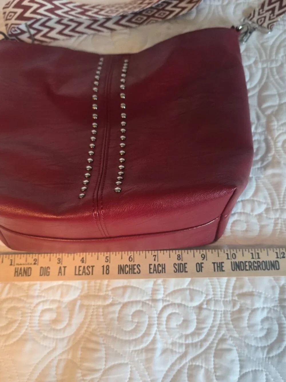 Red Soft Vinyl Bucket Purse with Studs & Woven Strap